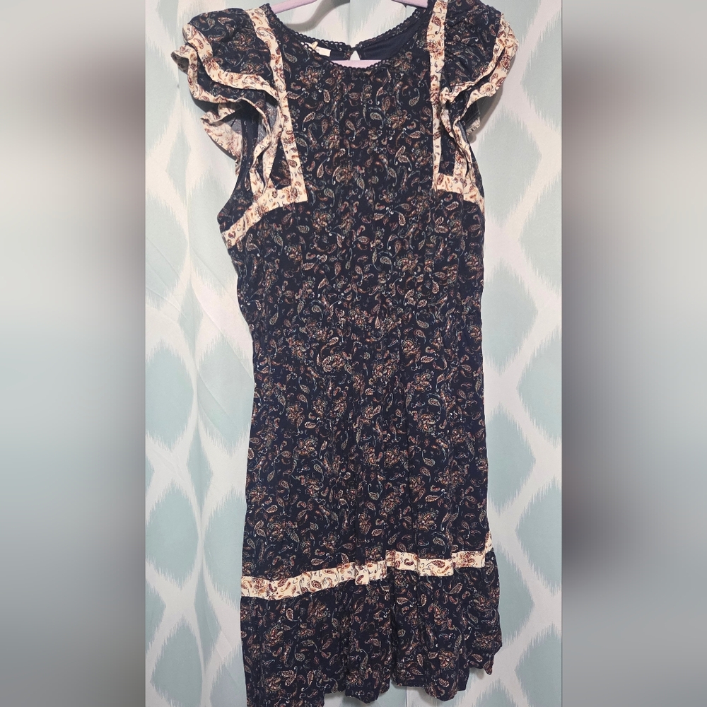 Maurices Navy Blue Paisley Dress with Cream Trim